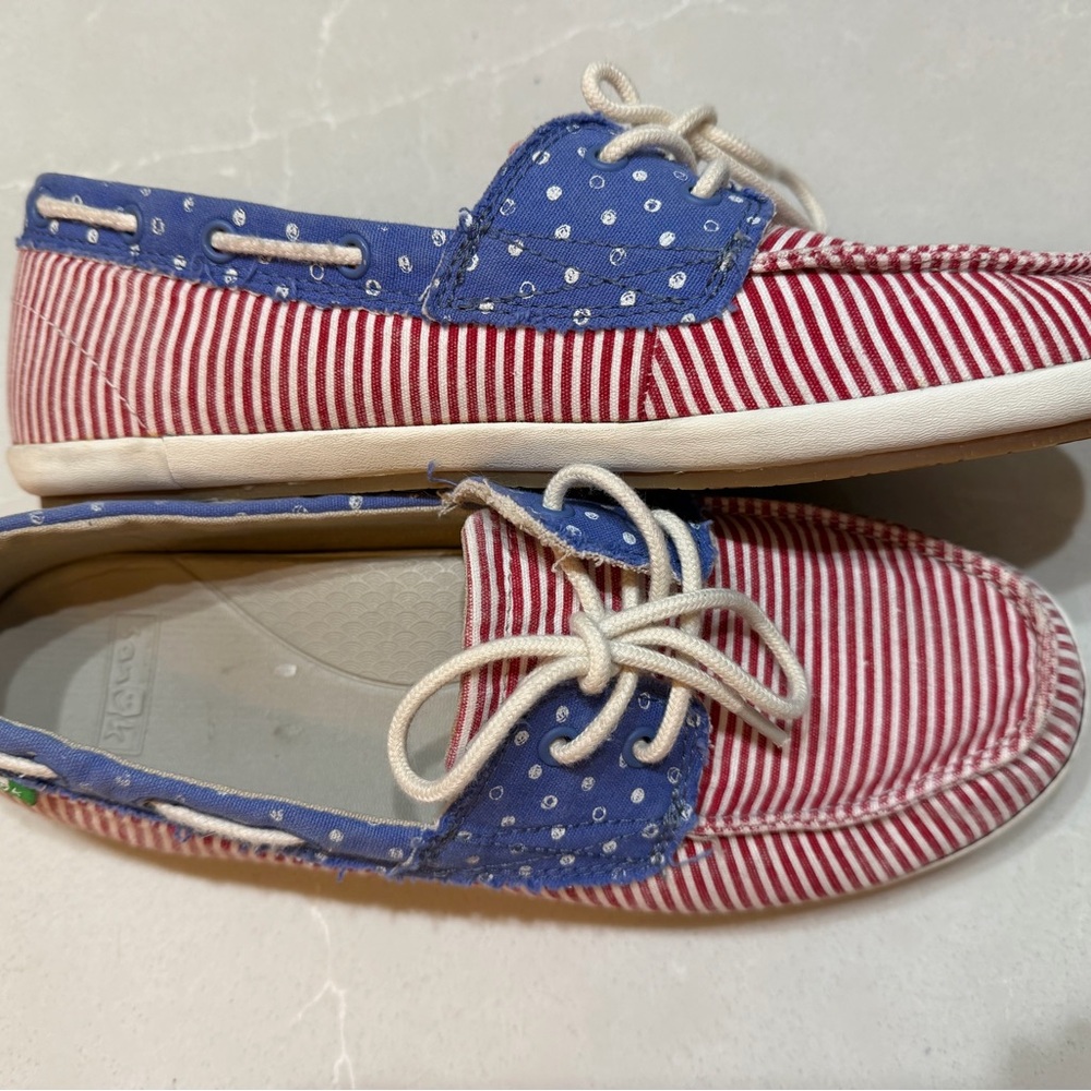 Sanuk Boat Shoes Canvas Striped Polka Dot Red Blue White, 8.5 - Picture 4 of 8